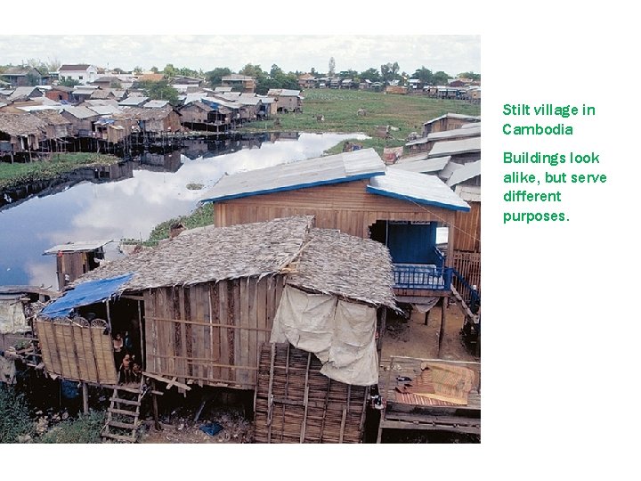 Stilt village in Cambodia Buildings look alike, but serve different purposes. 