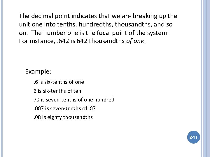 The decimal point indicates that we are breaking up the unit one into tenths,