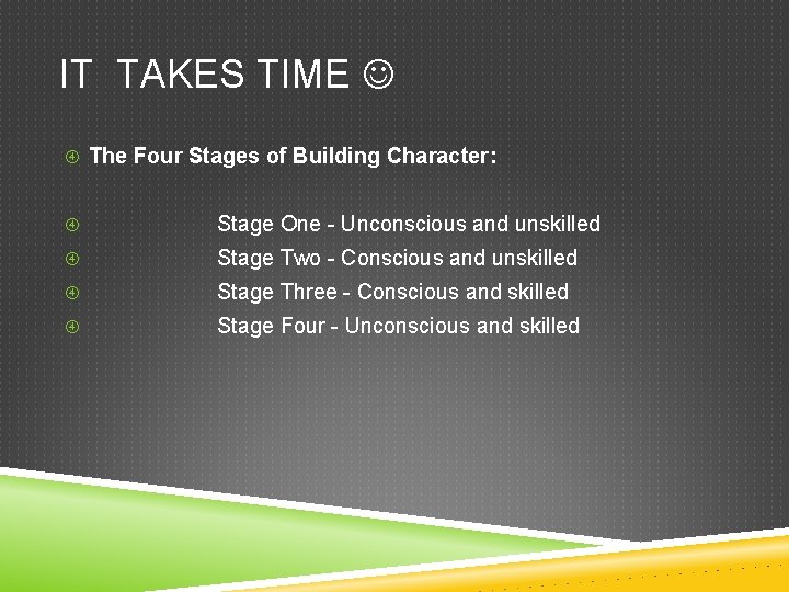 IT TAKES TIME The Four Stages of Building Character: Stage One - Unconscious and