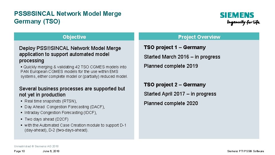PSS®SINCAL Network Model Merge Germany (TSO) Objective Deploy PSS®SINCAL Network Model Merge application to