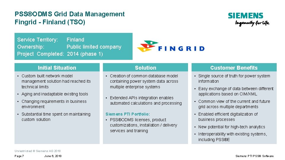 PSS®ODMS Grid Data Management Fingrid - Finland (TSO) Service Territory: Finland Ownership: Public limited
