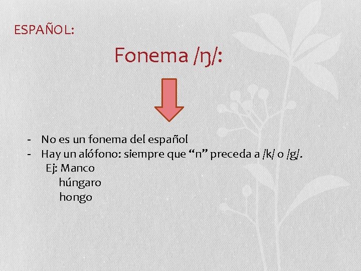 ESPAÑOL: Fonema /ŋ/: - No es un fonema del español - Hay un alófono: ESPAÑOL: Fonema /ŋ/: - No es un fonema del español - Hay un alófono: