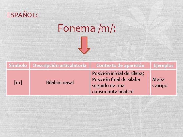 ESPAÑOL: Fonema /m/: Símbolo [m] Descripción articulatoria Bilabial nasal Contexto de aparición Posición inicial