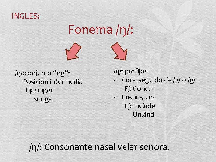 INGLES: Fonema /ŋ/: conjunto “ng”: - Posición intermedia Ej: singer songs /ŋ/: prefijos - INGLES: Fonema /ŋ/: conjunto “ng”: - Posición intermedia Ej: singer songs /ŋ/: prefijos -