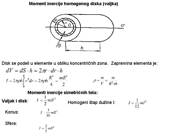 Moment inercije homogenog diska (valjka) Disk se podeli u elemente u obliku koncentričnih zona.