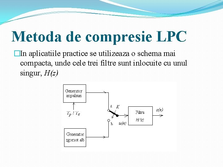 Metoda de compresie LPC �In aplicatiile practice se utilizeaza o schema mai compacta, unde Metoda de compresie LPC �In aplicatiile practice se utilizeaza o schema mai compacta, unde