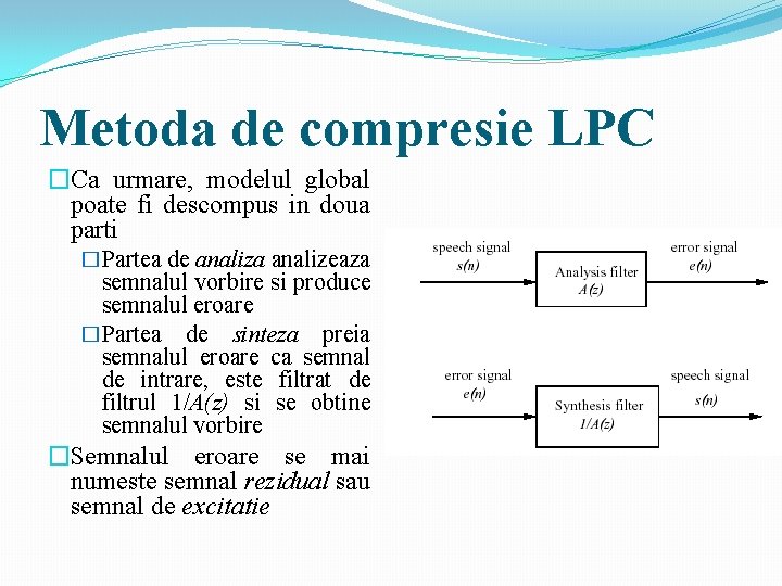 Metoda de compresie LPC �Ca urmare, modelul global poate fi descompus in doua parti Metoda de compresie LPC �Ca urmare, modelul global poate fi descompus in doua parti