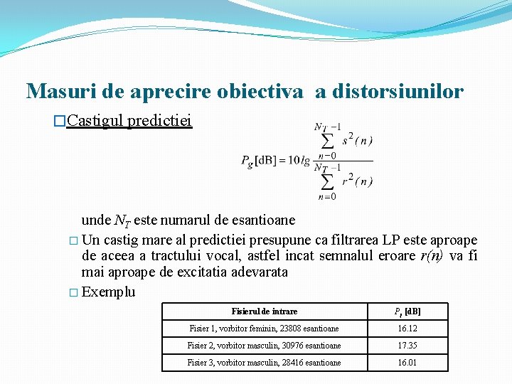 Masuri de aprecire obiectiva a distorsiunilor �Castigul predictiei unde NT este numarul de esantioane Masuri de aprecire obiectiva a distorsiunilor �Castigul predictiei unde NT este numarul de esantioane
