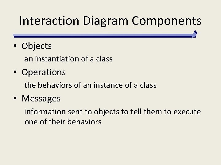 Interaction Diagram Components • Objects an instantiation of a class • Operations the behaviors