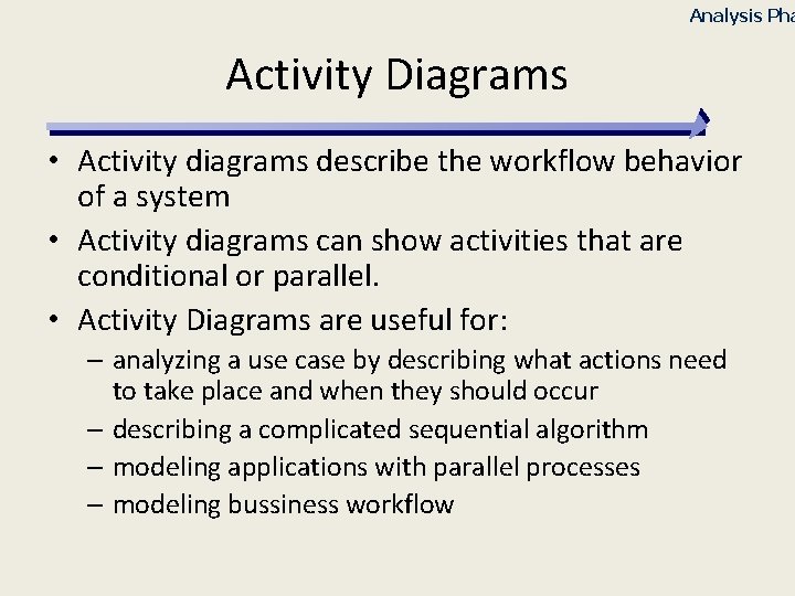 Analysis Pha Activity Diagrams • Activity diagrams describe the workflow behavior of a system