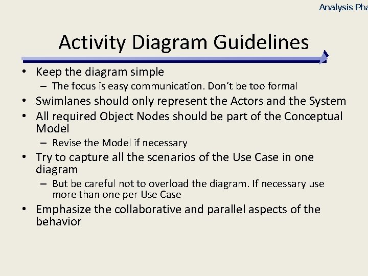 Analysis Pha Activity Diagram Guidelines • Keep the diagram simple – The focus is