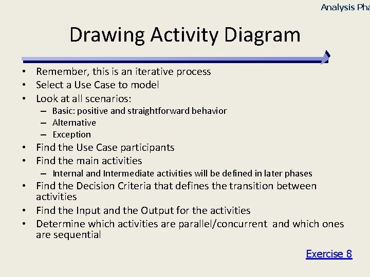 Analysis Pha Drawing Activity Diagram • Remember, this is an iterative process • Select