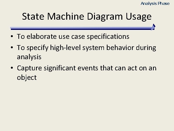 Analysis Phase State Machine Diagram Usage • To elaborate use case specifications • To