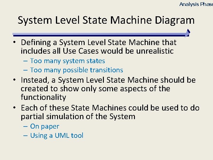 Analysis Phase System Level State Machine Diagram • Defining a System Level State Machine