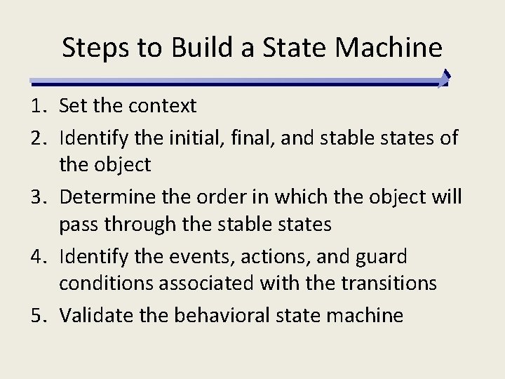 Steps to Build a State Machine 1. Set the context 2. Identify the initial,