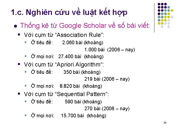 1. c. Nghiên cứu về luật kết hợp l Thống kê từ Google Scholar