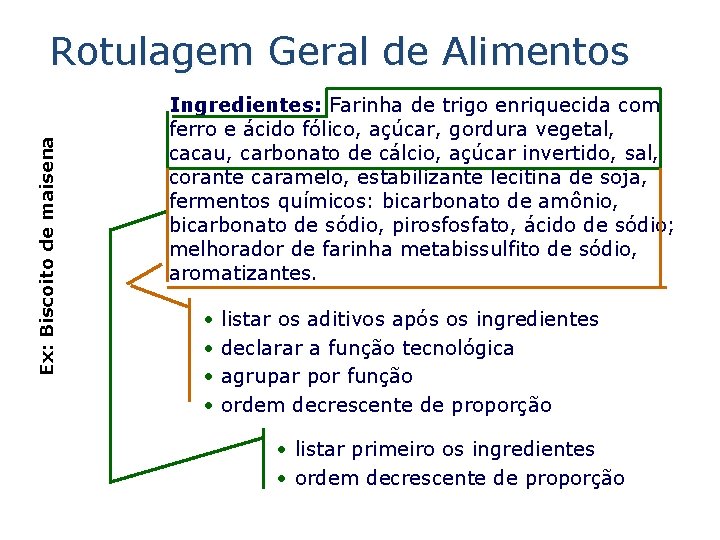  Ex: Biscoito de maisena Rotulagem Geral de Alimentos Ingredientes: Farinha de trigo enriquecida