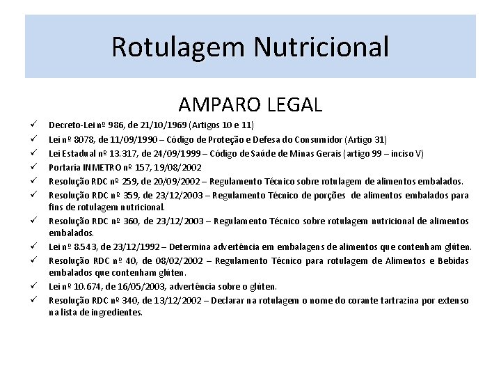 Rotulagem Nutricional AMPARO LEGAL ü ü ü Decreto-Lei nº 986, de 21/10/1969 (Artigos 10