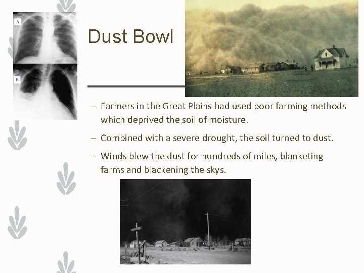 Dust Bowl – Farmers in the Great Plains had used poor farming methods which