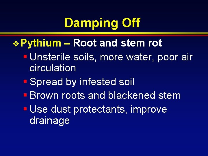 Damping Off v Pythium – Root and stem rot § Unsterile soils, more water,