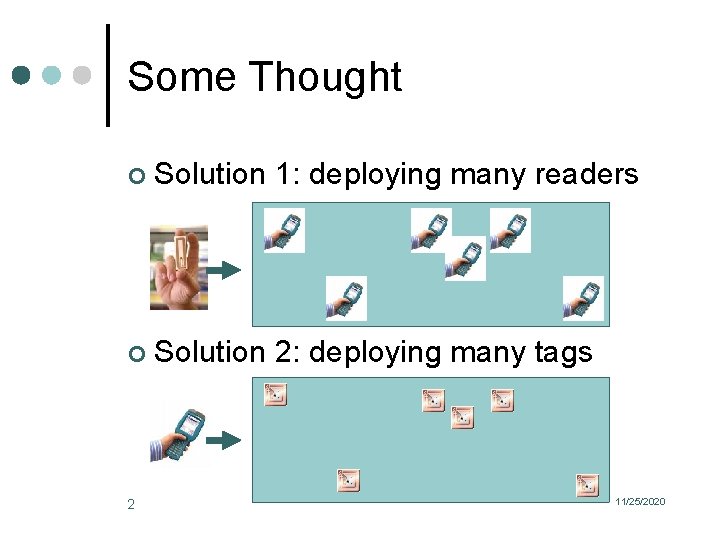 Some Thought ¢ Solution 1: deploying many readers ¢ Solution 2: deploying many tags