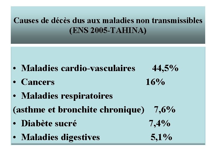 Causes de décès dus aux maladies non transmissibles (ENS 2005 -TAHINA) • Maladies cardio-vasculaires