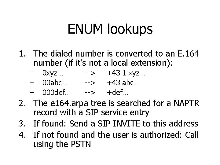 ENUM lookups 1. The dialed number is converted to an E. 164 number (if