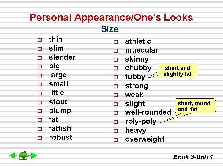 Personal Appearance/One’s Looks Size o o o thin slim slender big large small little