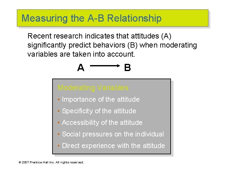 Measuring the A-B Relationship Recent research indicates that attitudes (A) significantly predict behaviors (B)