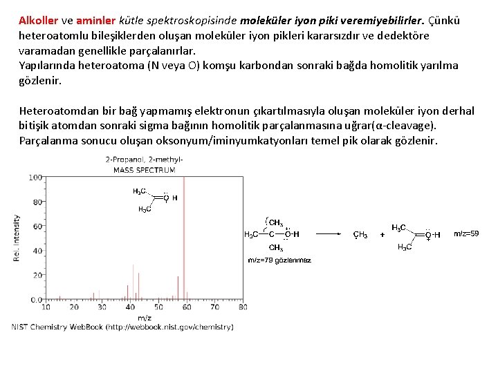 Alkoller ve aminler kütle spektroskopisinde moleküler iyon piki veremiyebilirler. Çünkü heteroatomlu bileşiklerden oluşan moleküler Alkoller ve aminler kütle spektroskopisinde moleküler iyon piki veremiyebilirler. Çünkü heteroatomlu bileşiklerden oluşan moleküler