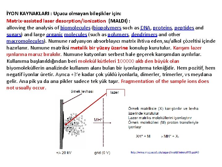 İYON KAYNAKLARI : Uçucu olmayan bileşikler için: Matrix-assisted laser desorption/ionization (MALDI) : allowing the İYON KAYNAKLARI : Uçucu olmayan bileşikler için: Matrix-assisted laser desorption/ionization (MALDI) : allowing the