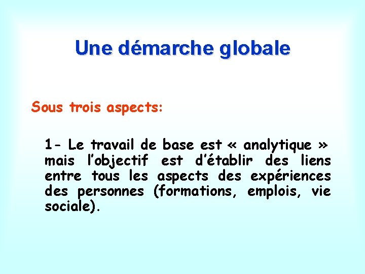 Une démarche globale Sous trois aspects: 1 - Le travail de base est «