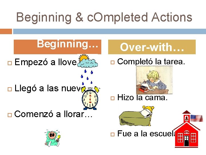Beginning & c. Ompleted Actions Beginning… Empezó a llover… Llegó a las nueve… Over-with…