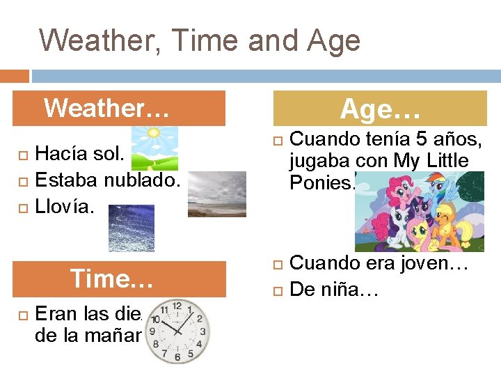 Weather, Time and Age… Weather… Hacía sol. Estaba nublado. Llovía. Time… Eran las diez