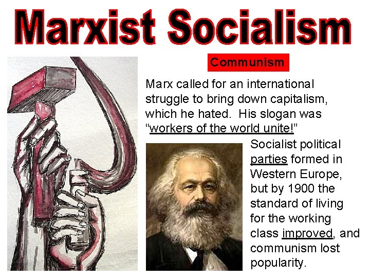 Communism Marx called for an international struggle to bring down capitalism, which he hated.