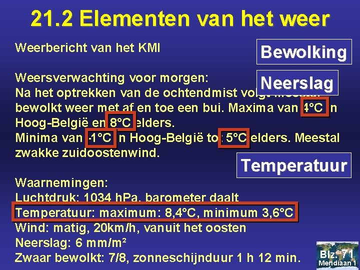 21. 2 Elementen van het weer Weerbericht van het KMI Bewolking Weersverwachting voor morgen: