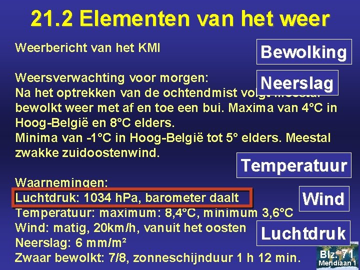 21. 2 Elementen van het weer Weerbericht van het KMI Bewolking Weersverwachting voor morgen: