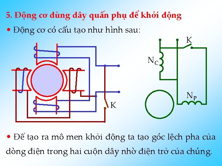 5. Động cơ dùng dây quấn phụ để khởi động • Động cơ có