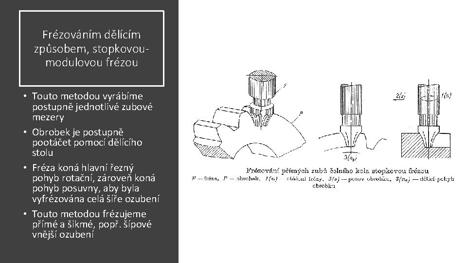 Frézováním dělícím způsobem, stopkovoumodulovou frézou • Touto metodou vyrábíme postupně jednotlivé zubové mezery •