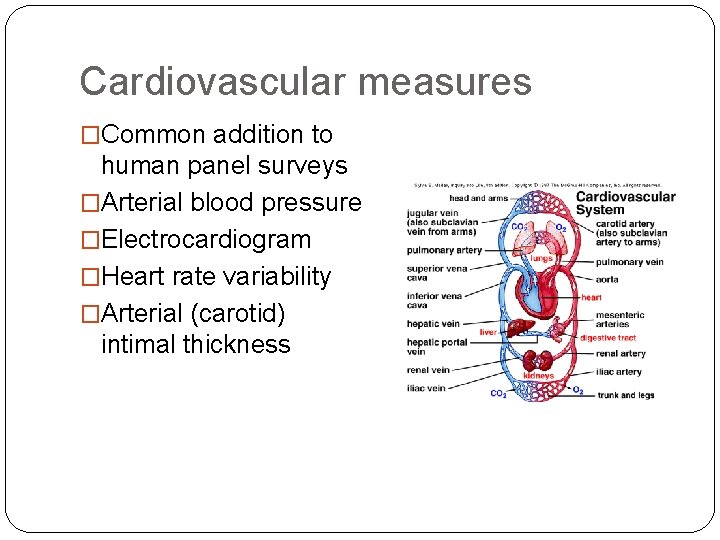 Cardiovascular measures �Common addition to human panel surveys �Arterial blood pressure �Electrocardiogram �Heart rate