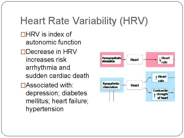 Heart Rate Variability (HRV) �HRV is index of autonomic function �Decrease in HRV increases