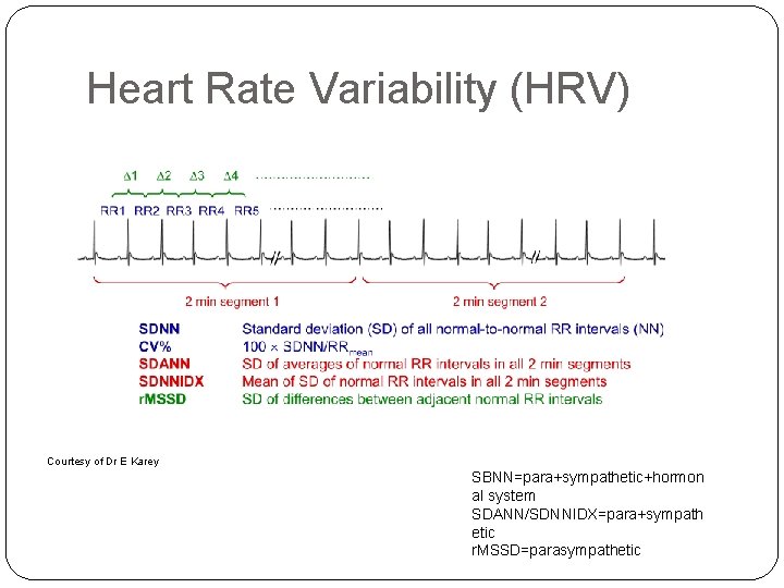 Heart Rate Variability (HRV) Courtesy of Dr E Karey SBNN=para+sympathetic+hormon al system SDANN/SDNNIDX=para+sympath etic