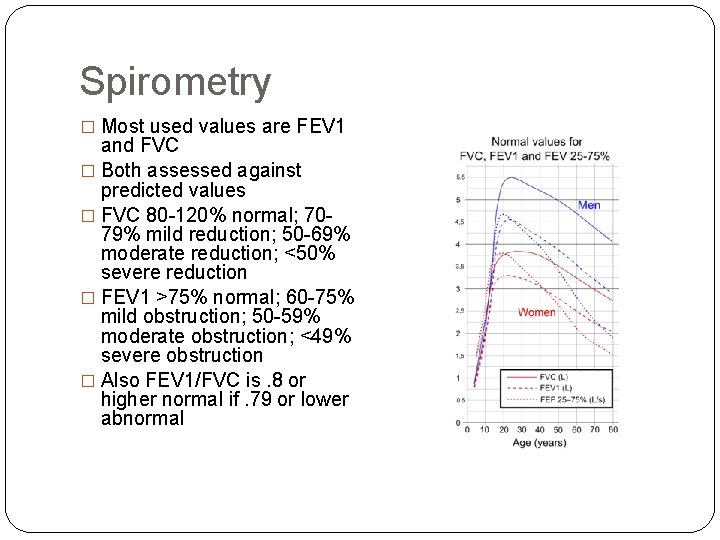 Spirometry � Most used values are FEV 1 and FVC � Both assessed against