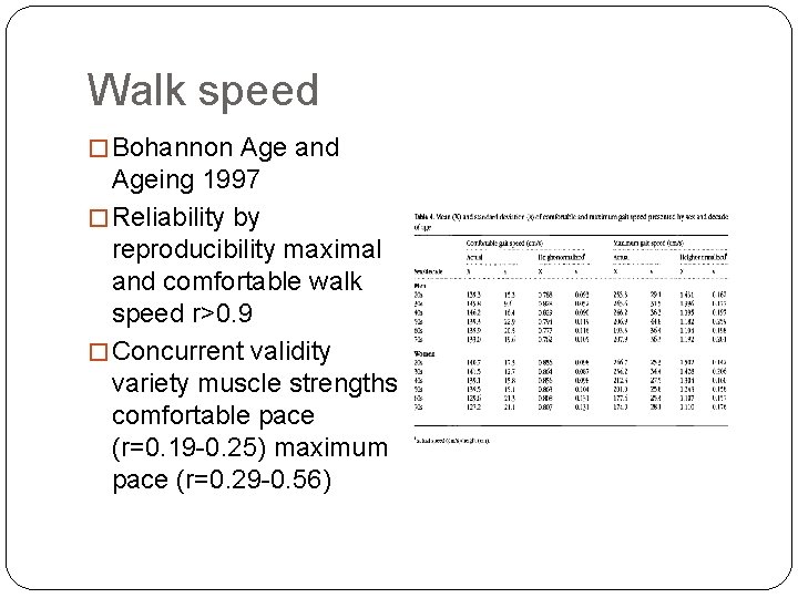 Walk speed � Bohannon Age and Ageing 1997 � Reliability by reproducibility maximal and