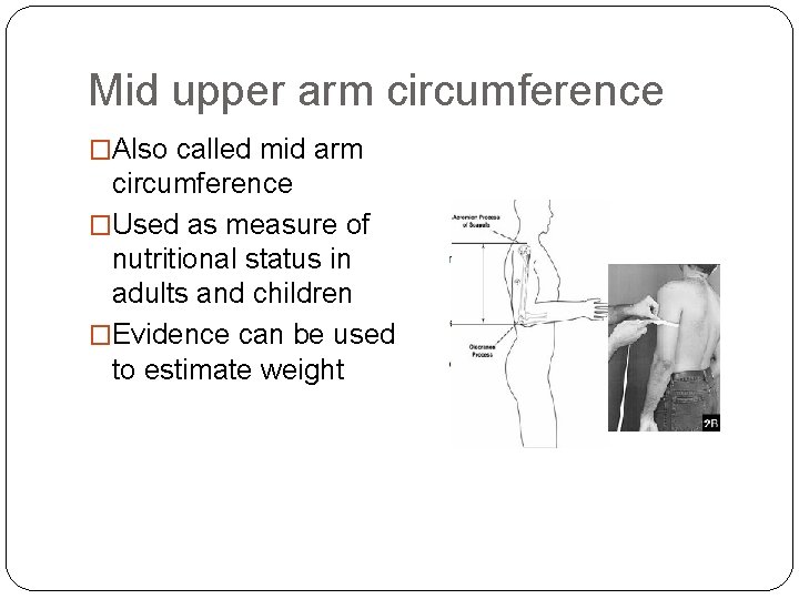 Mid upper arm circumference �Also called mid arm circumference �Used as measure of nutritional