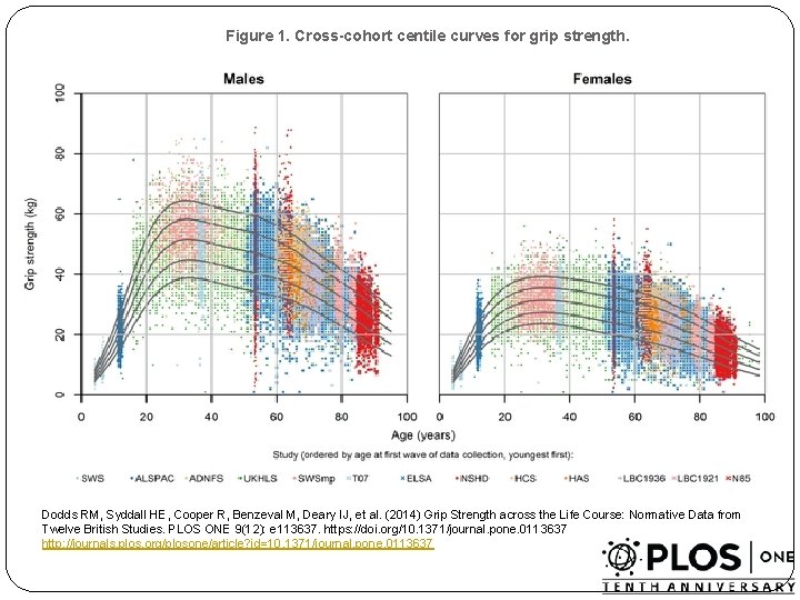 Figure 1. Cross-cohort centile curves for grip strength. Dodds RM, Syddall HE, Cooper R,