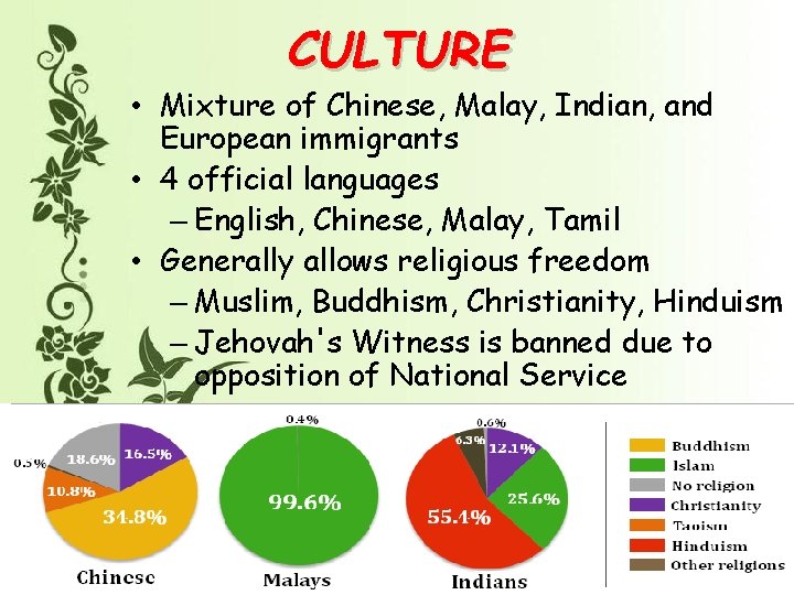 CULTURE • Mixture of Chinese, Malay, Indian, and European immigrants • 4 official languages