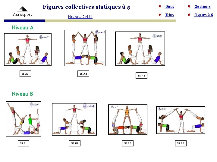 Figures collectives statiques à 5 Acrosport Niveau C et D Duos Quatuors Trios Figures