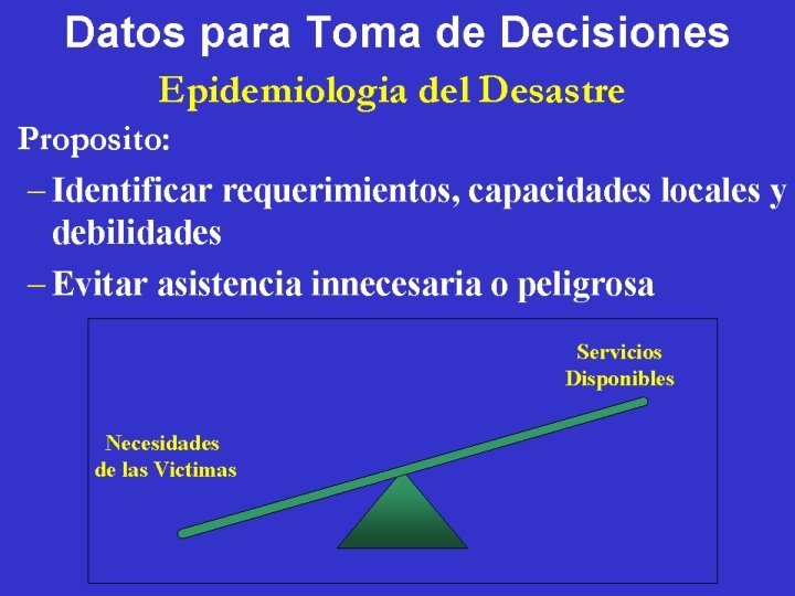 Datos para Toma de Decisiones Epidemiología del Desastre • Propósito: – Identificar requerimientos, capacidades