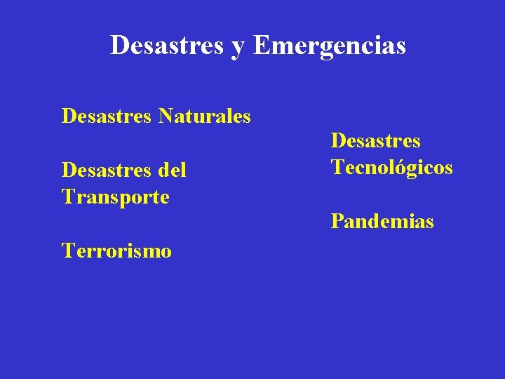 Desastres y Emergencias Desastres Naturales Desastres del Transporte Terrorismo Desastres Tecnológicos Pandemias 
